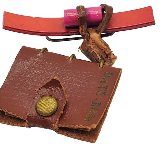 Tiny Leather Date Book Brooch Vintage 1930s Dangle Drop Pin Miniature Jewelry - Picture 2 of 10